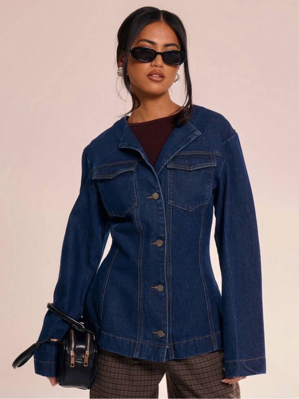 Dark Blue Denim Jacket - Women's Tailored Button-Up